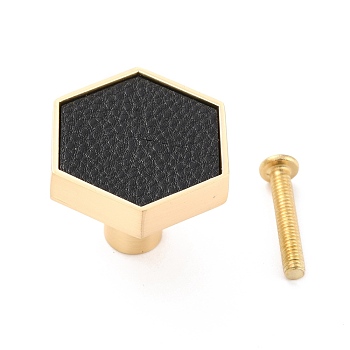 Hexagon Brass Box Handles & Knobs, with Resin Cabochons and Iron Screws, Matte Gold Color, Black, 29.5x24.5x34mm, Hole: 3.5mm