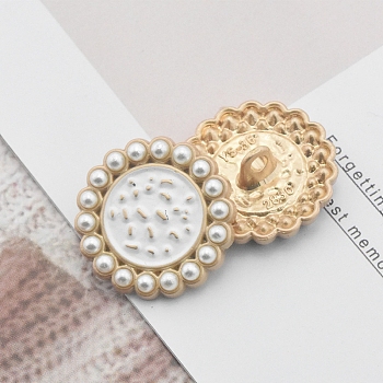 Alloy Enamel Shank Buttons, with Plastic Imitation Pearls, for Garment Accessories, White, 18mm