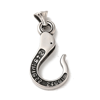 304 Stainless Steel Pendants, Fish Hook Charm, Antique Silver, 45x23.5x6.5mm, Hole: 8.5x4mm