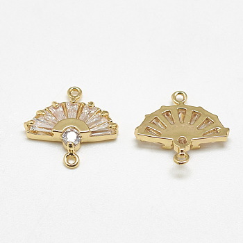 Brass Links, with Cubic Zirconia, Fan, Clear, Real 18K Gold Plated, 14x14.5x2.5mm, Hole: 1mm