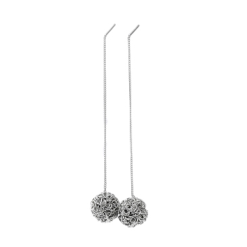 Brass Wire Ball Stud Earrings, Ear Threads, Round, Real Platinum Plated, 80x13mm