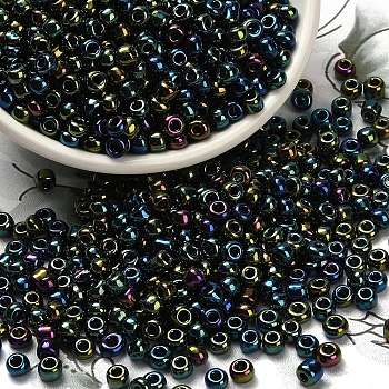 FGB 8/0 Grade A Round Glass Seed Beads, Metallic Colours Iris, Teal, 8/0, 3x2mm, Hole: 1mm, about 10000pcs/bag