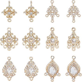 12Pcs 6 Style Links Making Finding Kit, Including Brass Micro Pave Cubic Zirconia Chandelier Component Link & Connectors Charms, Flower & Horse Eye & Teardrop & Rhombus, Light Gold, 16.5~25x10.5~16x3~5mm, Hole: 1.2~1.6mm, 2Pcs/style