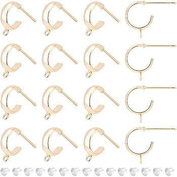 16Pcs Brass Stud Earring Findings, Half Hoop Earring Findings with Vertical Loops, Nickel Free, with 40Pcs Plastic Ear Nuts, Real 18K Gold Plated, 13x3mm, Hole: 1.5mm, Pin: 0.8mm