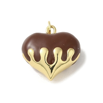 Rack Plating Brass Enamel Pendants, with Jump Ring, Long-Lasting Plated, Lead Free & Cadmium Free, Real 18K Gold Plated, Heart Charm, Coconut Brown, 20.5x20.5x10.5mm, Hole: 3mm