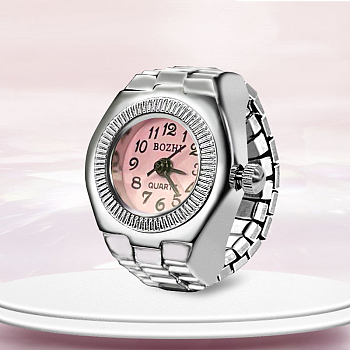 201 Stainless Steel Stretch Watchband Finger Ring Watches, Flat Round Quartz Watch for Unisex, Pink, 15x18mm, Watch Head: 19x27mm, Watch Face: 11.5mm