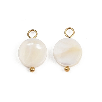 Natural Shell Disc Pendants, with 304 Stainless Steel Loops, Seashell Color, Ion Plating(IP), Real 18K Gold Plated, 15.5~17x10~10.5x2.5~3.5mm, Hole: 2~3mm