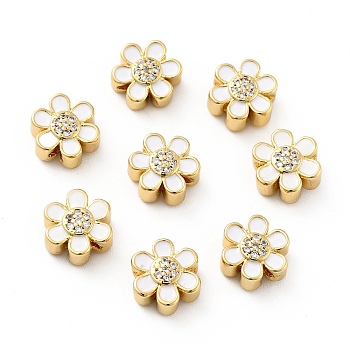 Flower Brass Micro Pave Clear Cubic Zirconia Beads, Real 18K Gold Plated, with Enamel, Cadmium Free & Nickel Free & Lead Free, White, 10x9x5mm, Hole: 1.8mm