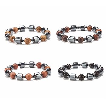 Natural Wood & Synthetic Hematite Beaded Stretch Bracelet, Gemstone Jewelry for Women, Mixed Color, Inner Diameter: 2-1/2 inch(6.5cm)