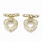 Brass Toggle Clasps, Heart, Nickel Free, Golden, 21mm, Bar: 16x3x4mm, Hole: 1.5mm, Heart: 15.5x13.5x1.5mm, Hole: 1.5mm, Jump Ring: 5x0.8mm, Inner Diameter: 3mm(KK-T057-056-NF)