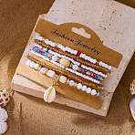 Bohemian Resin & Alloy & Glass Beads & Shell & Plastic Pearls Beaded Stretch Bracelets, Shell Shapes Charm Bracelets for Women, with Paper Card, White, Inner Diameter: 2.01~2.09 inch(5.1~5.3cm), about 7pcs/set(BJEW-Z169-01A)