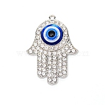 Zinc Alloy Big Pendants, with Resin and Rhinestone, Hamsa Hand with Evil Eyes, Platinum, 53.2x38.5x7mm, Hole: 2.5mm(ALRI-SZC0003-01P)