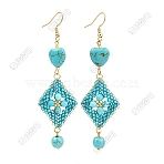 Handmade Glass Seed Beads Rhombus Dangle Earrings, with Synthetic Turquoise, Golden, Deep Sky Blue, 83.5x23.5mm(EJEW-FS00082)
