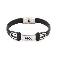 201 Stainless Steel Rectangle Link Bracelet with PU Leather Cord for Men Women, Black, Letter Pattern, 9-1/8 inch(23cm)(BJEW-G649-07P-03)