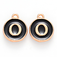 Golden Plated Alloy Charms, Cadmium Free & Lead Free, with Enamel, Enamelled Sequins, Flat Round with Letter, Black, Letter.O, 14x12x2mm, Hole: 1.5mm(X-ENAM-S118-02O)