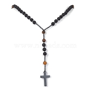 Natural Tiger Eye & Lava Rock & Synthetic Hematite Rosary Bead Necklaces, Cross Pendant Necklace, 28.74 inch(73cm)(NJEW-JN04461-02)