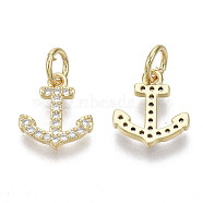 Brass Micro Pave Cubic Zirconia Charms, with Jump Ring, Nickel Free, Anchor, Clear, Real 18K Gold Plated, 11x10x1.5mm, Hole: 3mm(ZIRC-R109-018G-NF)