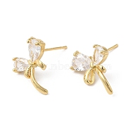 Bowknot Brass Micro Pave Cubic Zirconia Stud Earrings for Women, Real 18K Gold Plated, 15x13mm(EJEW-F316-15G)