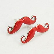 Fashion Moustache Ear Studs, Alloy Enamel Earrings, with Iron Pins and Plastic Ear Nuts, Platinum Metal Color, Red, about 13mm long, pin: 0.7mm(X-EJEW-G093-1A)