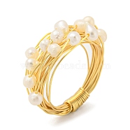 Natural Pearl Beaded Finger Ring, Brass Wire Wrap Finger Ring, Real 14K Gold Plated, US Size 6(16.5mm)(RJEW-H220-25G)