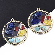Epoxy Resin Pendants, with ABS Plastic Imitation Pearl, Gemstone Chip, Glass and Light Gold Plated Alloy Open Back Bezel, Flat Round, Clear, 36x33x5.5mm, Hole: 1.6mm(X-RESI-T045-010)