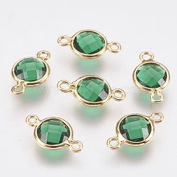 Glass Links connectors, with Brass Findings, Faceted Flat Round, Real 18K Gold Plated, Sea Green, 12x7x3mm, Hole: 1.2mm(KK-Q752-007G-05)