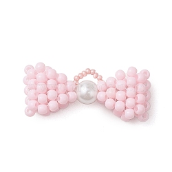 Opaque Acrylic Pendants, Bowknot, with Pearlized Glass Pearl, Lavender Blush, 19x46x12.5mm, Hole: 5.5x3.5mm(PALLOY-CJ00149-03)