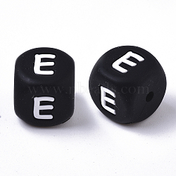 Food Grade Eco-Friendly Silicone Beads, Horizontal Hole, Chewing Beads For Teethers, DIY Nursing Necklaces Making, Cube, Black, Letter.E, 12x12x12mm, Hole: 2mm(X-SIL-T055-E)