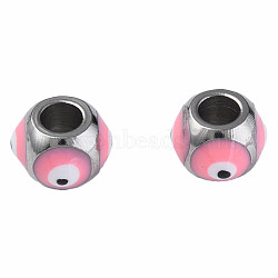 201 Stainless Steel Enamel Beads, Round with Evil Eye, Golden, Stainless Steel Color, Hot Pink, 8.5x8.5x6mm, Hole: 3mm(STAS-N087-59-04P)