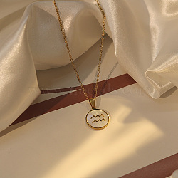 304 Stainless Steel with Natural Shell Flat Round with Constellation Pendant Necklaces for Women, Real 18K Gold Plated, Seashell Color, Aquarius, 15.75 inch(40cm)(FS-WGBF66D-03)