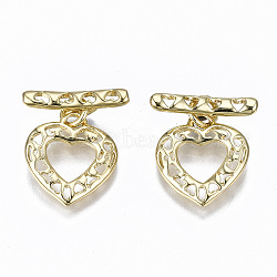 Brass Toggle Clasps, Heart, Nickel Free, Golden, 21mm, Bar: 16x3x4mm, Hole: 1.5mm, Heart: 15.5x13.5x1.5mm, Hole: 1.5mm, Jump Ring: 5x0.8mm, Inner Diameter: 3mm(KK-T057-056-NF)