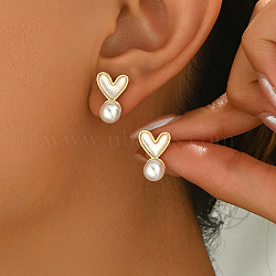 Elegant Brass Imitation Pearl Stud Earrings Women's Daily Jewelry, Golden, Heart, 15x10mm(DV0468-4)