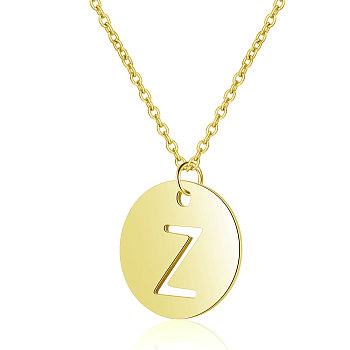 201 Stainless Steel Initial Pendants Necklaces, with Cable Chains, Flat Round with Letter, Golden, Letter.Z, 16.3 inch(40cm), 1mm