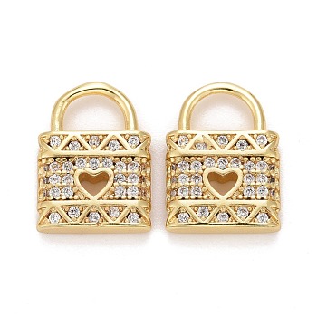 Brass Micro Pave Clear Cubic Zirconia Charms, Lock, Golden, 13.5x10x2.8mm, Hole: 4x5.5mm