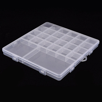 Polypropylene(PP) Bead Storage Containers, 26 Compartments Organizer Boxes, Rectangle with Cover, Clear, 19x20x1.8cm, Hole: 17x6mm, compartment: 3x3cm, 7.05x7.05cm, 11.3x7cm