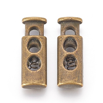 Alloy Spring Cord Locks, Antique Bronze, 26~27x10x5~6mm, Hole: 4.5~5mm