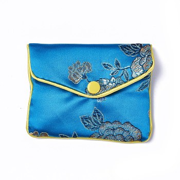 Embroidery Damask Cloth Pouches, with Snap Button and Zipper, Small Gift Bags for Jewelry, Deep Sky Blue, 7.8x9.9cm