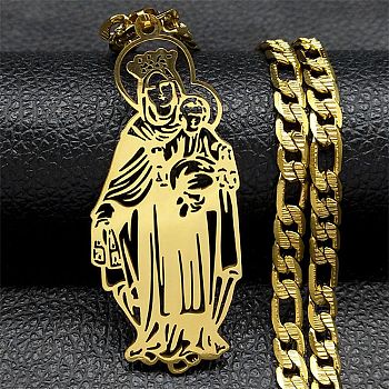 304 Stainless Steel Hollow Virgin Mary & Baby Pendant Figaro Chain Necklaces, Golden, 21.26 inch(54cm)