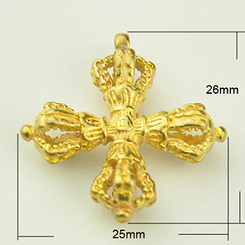 Brass Buddhist Pendants, Dorje Vajra, Buddha Jewelry Findings, Golden, 26x25x7.5mm, Hole: 1.5mm