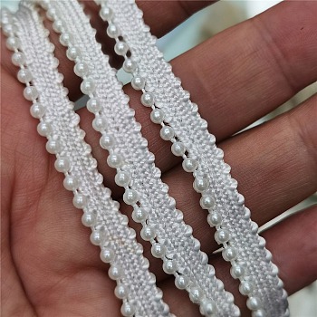 Polyester Fringe Ribbon, Plastic Pearl Beads Trim, Clothes Accessories Decoration, White, 3/8 inch(10mm)