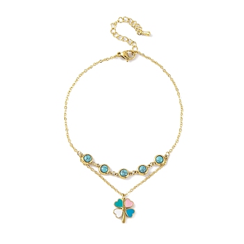 Ion Plating(IP) 304 Stainless Steel Anklets, with Synthetic Turquoise and Resin, Clover, Golden, 8-1/4 inch(21cm)