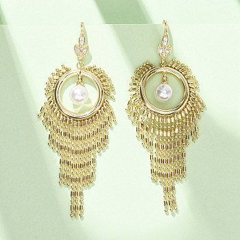 Brass Micro Pave Cubic Zirconia Dangle Earrings, Round, with Imitation Pearl, Tassel Earrings, Golden, 78x28mm