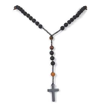 Natural Tiger Eye & Lava Rock & Synthetic Hematite Rosary Bead Necklaces, Cross Pendant Necklace, 28.74 inch(73cm)