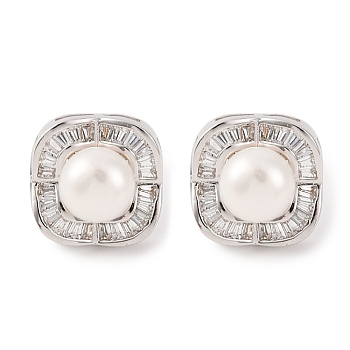 925 Sterling Silver Square Stud Earrings, with Natural Pearl & Clear Cubic Zirconia, Real Platinum Plated, 13x13mm