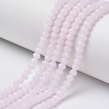 Glass Beads Strands, Imitation Jade, Faceted, Rondelle, Pink, 2x1.5mm, Hole: 0.4mm, about 195pcs/strand, 11 inch(27.5cm)
