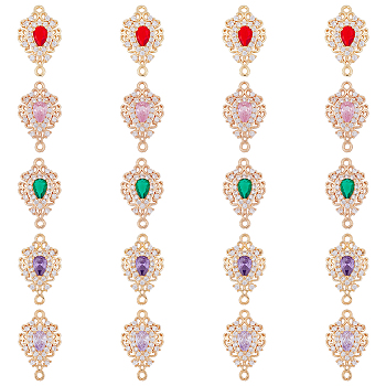 20Pcs 5 Colors Brass Micro Pave Clear Cubic Zirconia Connector Charms, with Glass, Long-Lasting Plated, Teardrop Links, Light Gold, Mixed Color, 20x12x5mm, Hole: 1.4mm, 4pcs/color