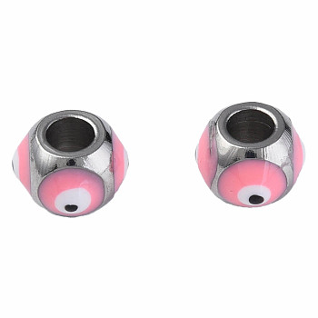 201 Stainless Steel Enamel Beads, Round with Evil Eye, Golden, Stainless Steel Color, Hot Pink, 8.5x8.5x6mm, Hole: 3mm