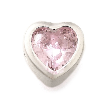 925 Sterling Silver Cubic Zirconia Beads, Heart, with 925 Stamp, Silver Color Plated, Pink, 6.5x6.5x4.5mm, Hole: 1.5mm