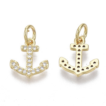 Brass Micro Pave Cubic Zirconia Charms, with Jump Ring, Nickel Free, Anchor, Clear, Real 18K Gold Plated, 11x10x1.5mm, Hole: 3mm