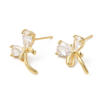 Bowknot Brass Micro Pave Cubic Zirconia Stud Earrings for Women, Real 18K Gold Plated, 15x13mm